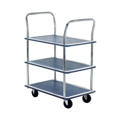 BARTON SILVER AND BLUE 3 SHELF TROLLEY WITH CHROME HANDLES P