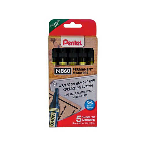 PENTEL CHISEL TIP PERMANENT MARKER BLACK 5 PACK YN860/5-A