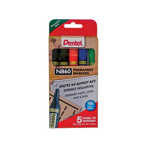 PENTEL CHISEL TIP PERMANENT MARKER ASSORTED 5 PACK YN860/5-M