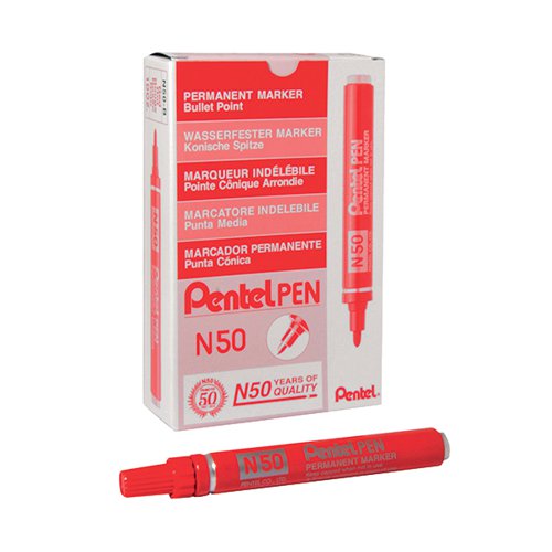 PENTEL N50 PERMANENT BULLET MARKER BROAD RED (PACK OF 12) N5