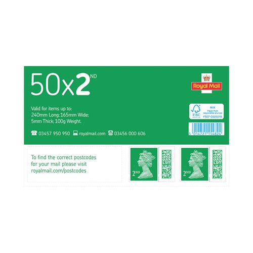 ROYAL MAIL SECOND CLASS POSTAGE STAMP SHEET (PACK OF 50) BBS2