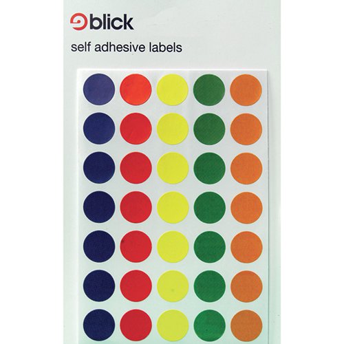 BLICK COLOURED LABELS IN BAGS ROUND 13MM DIA 140 PER BAG ASS