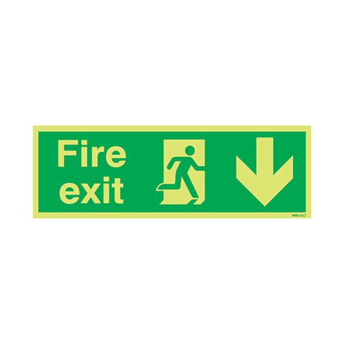 SAFETY SIGN NITEGLO FIRE EXIT RUNNING MAN ARROW DOWN 150X450