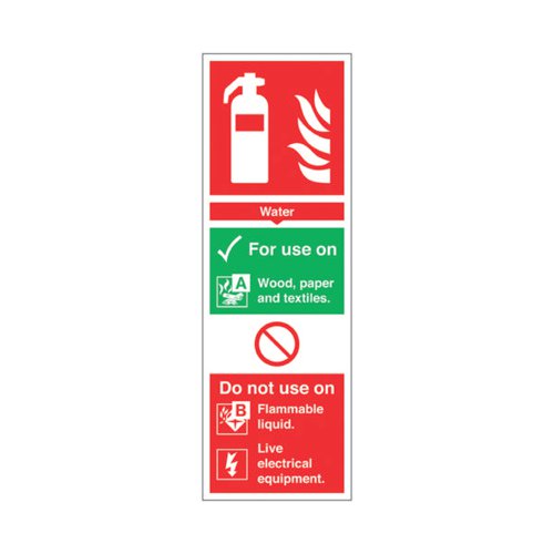 SAFETY SIGN FIRE EXTINGUISHER WATER FOR USE ON PVC 300X100MM