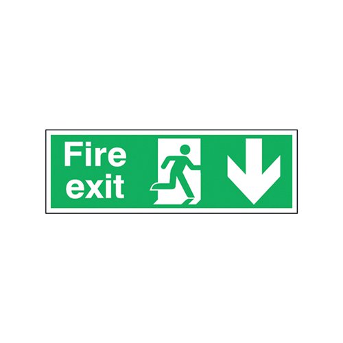 SAFETY SIGN FIRE EXIT RUNNING MAN ARROW DOWN 150X450MM SELF-ADHESIVE E100A/S