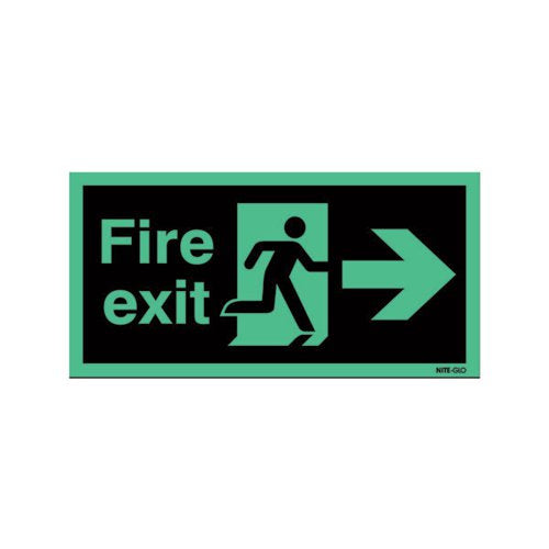 SAFETY SIGN NITEGLO FIRE EXIT RUNNING MAN ARROW RIGHT SELF-ADHESIVE 150X450MM NG26A/S