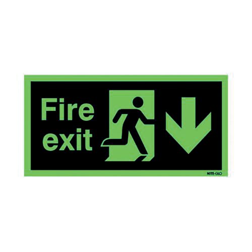 SAFETY SIGN NITEGLO FIRE EXIT RUNNING MAN ARROW DOWN SELF-ADHESIVE 150X450MM NG28A/S