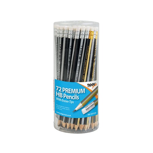 TIGER ASSORTED HB ERASER PENCILS POT (72 PACK) 301534
