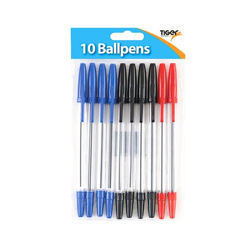 TIGER BALLPOINT PENS BLACK BLUE AND RED 12X10 PENS (PACK OF