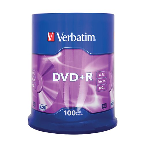 VERBATIM DVD+R 16X SPEED SPINDLE 4.7GB (PACK OF 100) 43551
