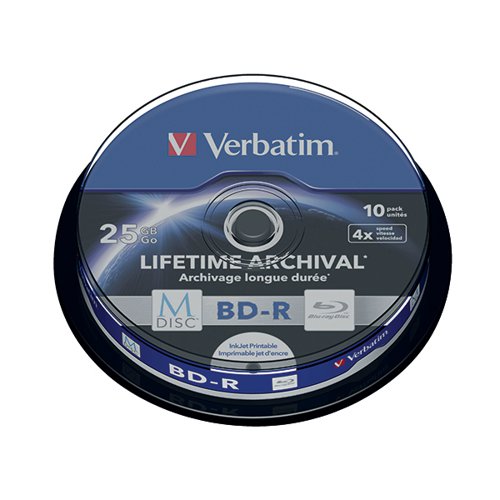 VERBATIM M-DISC BLU-RAY BD-R 25 GB 4X PRINTABLE SPINDLE (PACK OF 10) 43825