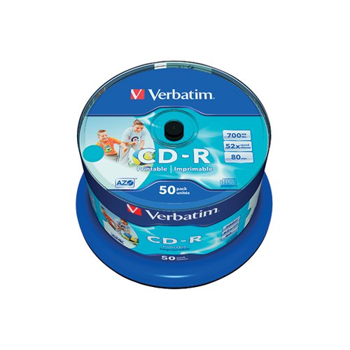VERBATIM CD-R AZO 52X 700MB WIDE INKJET PRINTABLE SPINDLE (P