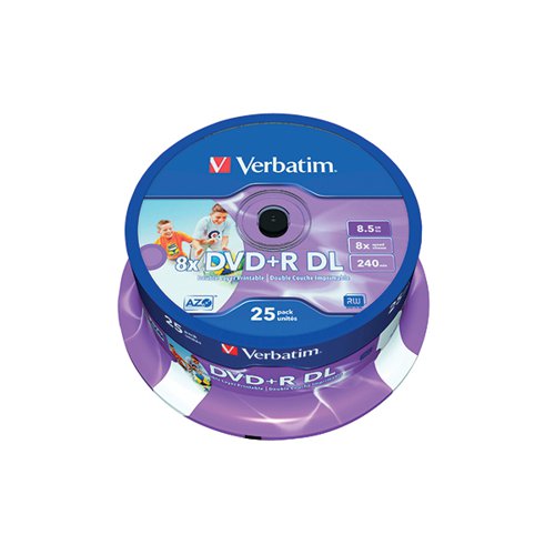 VERBATIM DVD+R DL 8X 8.5GB NO ID WIDE PRINTABLE SPINDLE (PAC
