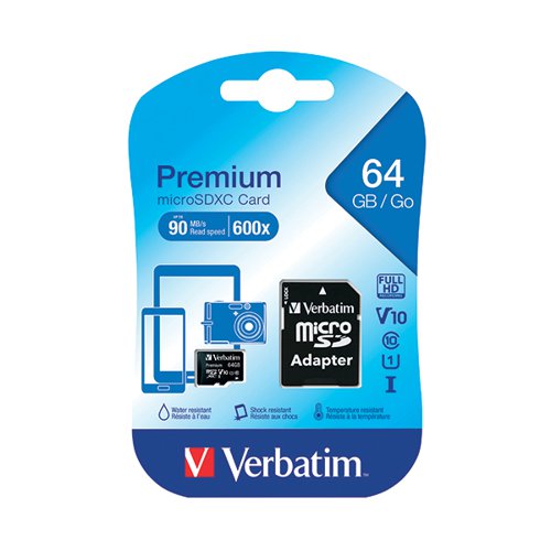 VERBATIM PREMIUM SDXC MICRO CARD 64GB WITH ADAPTER 44084