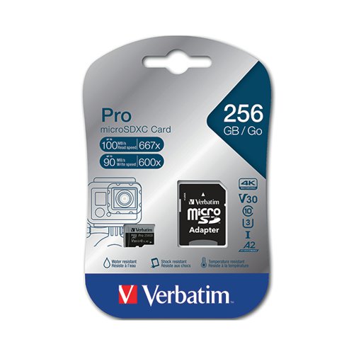 VERBATIM PRO U3 MICRO SDXC MEMORY CARD 256GB WITH SD ADAPTER