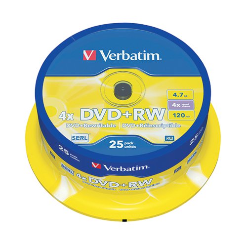 VERBATIM DVD+RW SPINDLE 4X 4.7GB (PACK OF 25) 43489