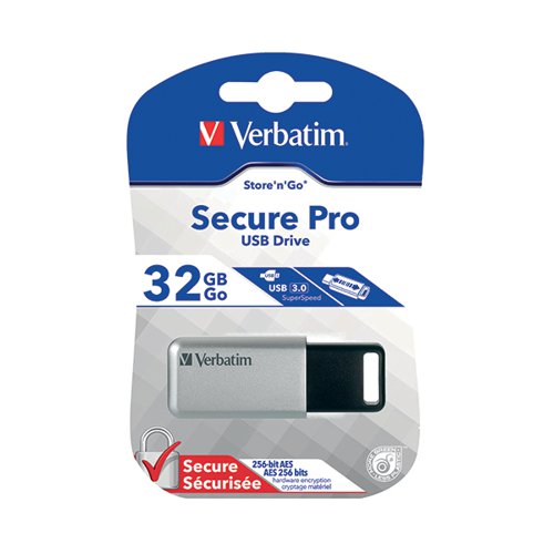 VERBATIM SILVER/BLACK SECURE PRO USB 3.0 FLASH DRIVE 32GB 98665