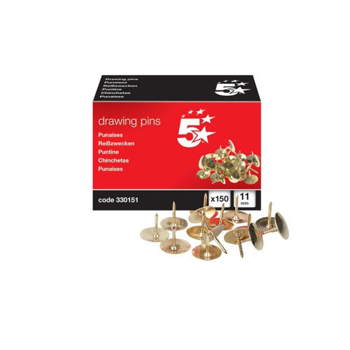 5 STAR OFFICE BRASSED DRAWING PINS 11MM HEAD DIAMETER 150S (