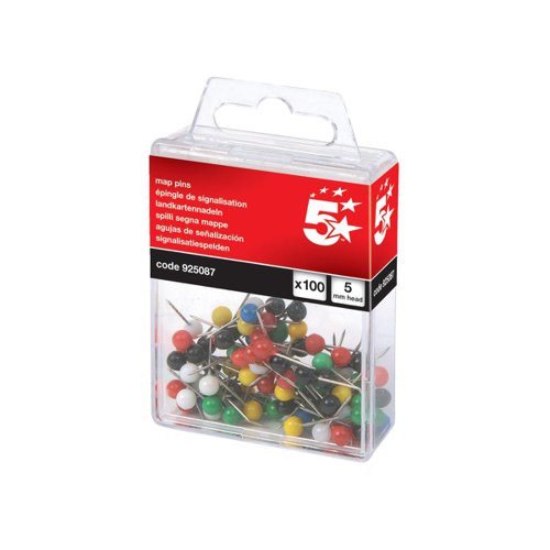 5 STAR OFFICE MAP PINS 5MM HEAD ASSORTED (PACK OF 100)