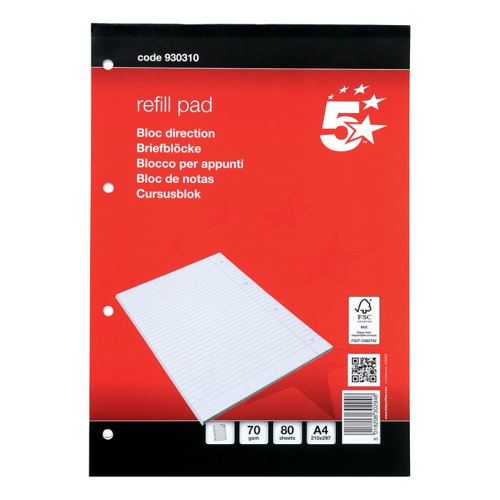 5 STAR OFFICE REFILL PAD HEADBOUND 70GSM RULED MARGIN PUNCHE