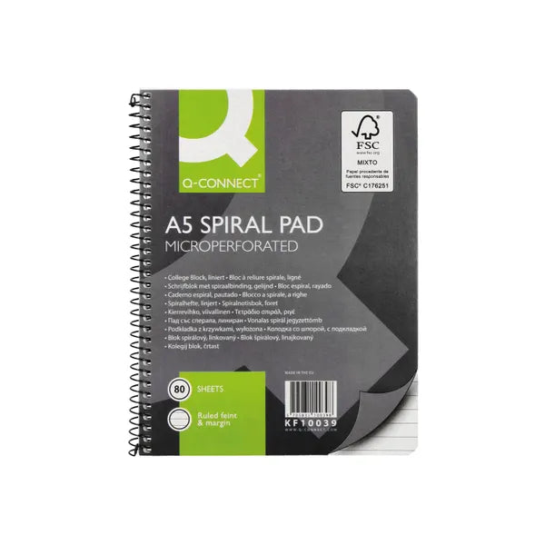 Q-CONNECT A5 RULED MARGIN SPIRAL SOFT COVER 160 PAGE NOTEBOOKS (Pack of 5)