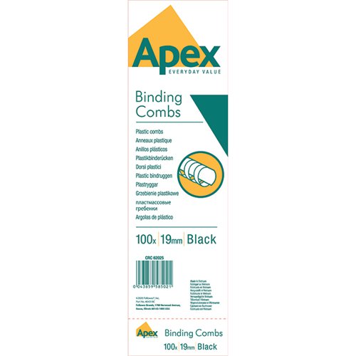 FELLOWES APEX PLASTIC BINDING COMBS 19MM BLACK (PACK OF 100)