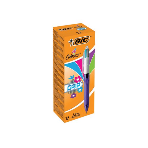 BIC 4 COLOUR GRIP FASHION RETRACTABLE BALLPOINT PEN (PACK OF