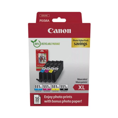 CANON CLI-551XL INK CARTRIDGES HIGH YIELD CMYK + 4 X 6 IN PH
