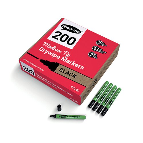 SHOW-ME DRYWIPE MARKER MEDIUM TIP SLIM BARREL BLACK (PACK OF