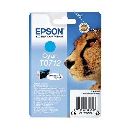 EPSON T0712 CHEETAH DURABRITE ULTRA INK CARTRIDGE CYAN C13T0
