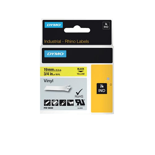 DYMO 18433 RHINO VINYL TAPE 19MM X 5.5M BLACK ON YELLOW S0718470