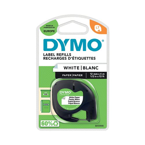 DYMO 91200 LETRATAG PAPER TAPE 12MM X 4M WHITE S0721510