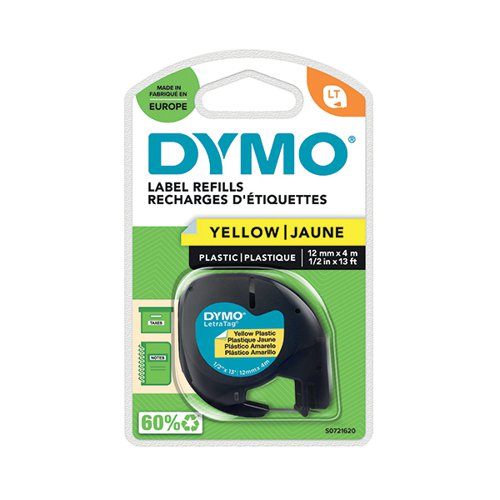 DYMO 91202 LETRATAG PLASTIC TAPE 12MM X 4M YELLOW S0721620