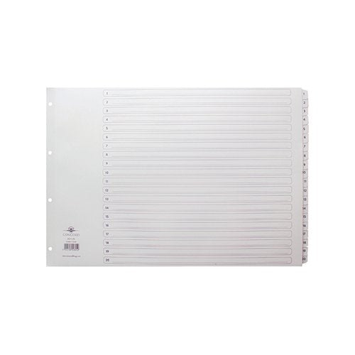 CONCORD INDEX 1-20 A3 WHITE BOARD WITH CLEAR MYLAR TABS 0480