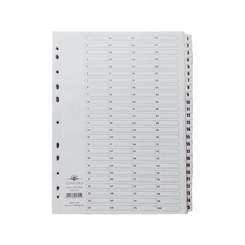 CONCORD CLASSIC INDEX 1-100 A4 WHITE BOARD CLEAR MYLAR TABS
