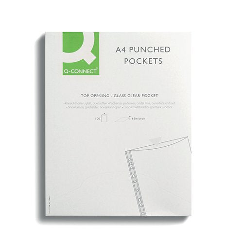 Q-CONNECT DELUX PUNCHED POCKET TOP OPENING GREEN STRIP A4 CLEAR (PACK OF 100) KF01121