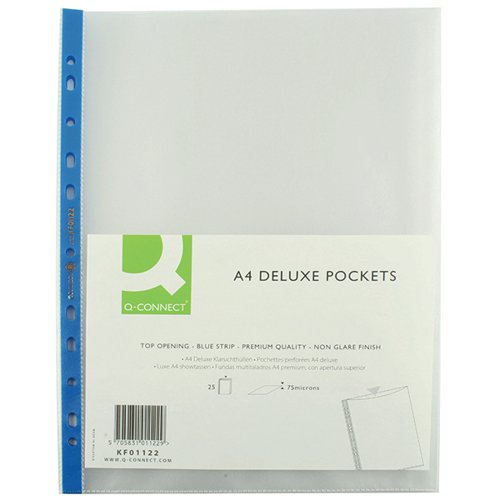 Q-CONNECT DELUX PUNCHED POCKET TOP OPENING BLUE STRIP A4 CLEAR (PACK OF 25) KF01122