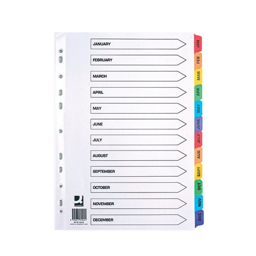 Q-CONNECT MULTI-PUNCHED JANUARY-DECEMBER REINFORCED MULTI-COLOUR A4 INDEX PRE-PRINTED TABS KF01524