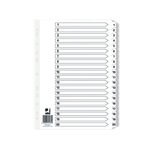 Q-CONNECT INDEX 1-20 BOARD REINFORCED WHITE (PACK OF 10) KF01531Q