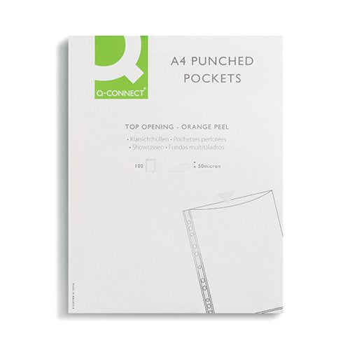 Q-CONNECT PUNCHED POCKETS POLYPROPYLENE 50 MICRON A4 EMBOSSE