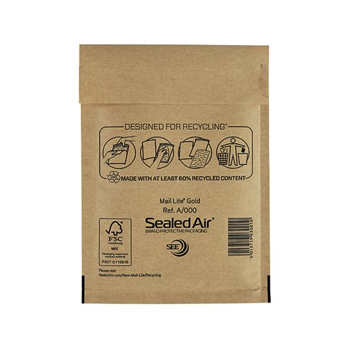 MAIL LITE BUBBLE POSTAL BAG GOLD A000-110X160 (PACK OF 100)