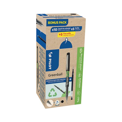 PILOT GREENBALL ROLLERBALL BONUS PACK BLACK BOX OF 10 PENS +
