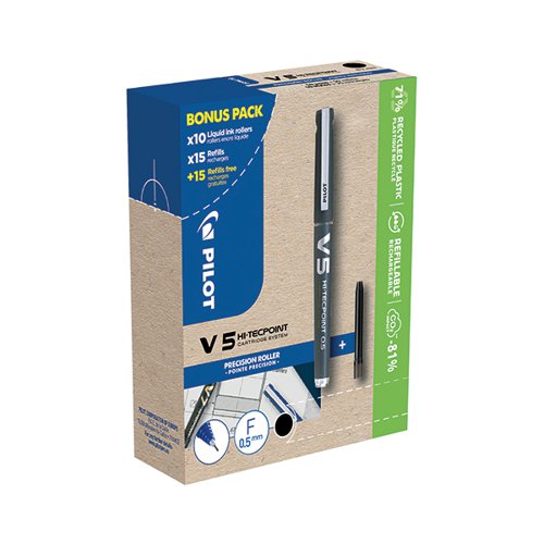 PILOT HI-TECPOINT V5 LIQUID INK ROLLERBALL PEN BLACK 10 PENS