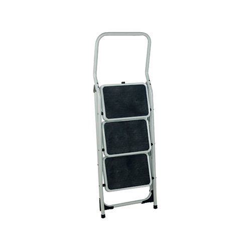 FOLDING STEP STOOL 3 TREAD HIGH BACK WHITE ALUMINIUM 402791