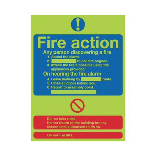 SAFETY SIGN NITEGLO FIRE ACTION 300X250MM PVC FR03527M