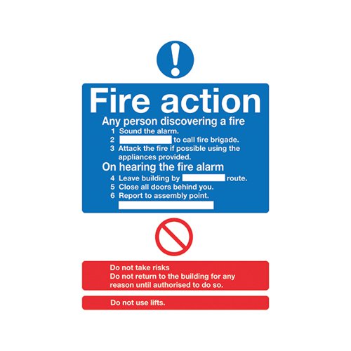 SAFETY SIGN FIRE ACTION WORDS A4 SELF ADHESIVE FR03550S