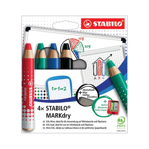 STABILO MARKDRY WHITEBOARD PENCIL X4 ASSORTED +SHARPENER/CLO