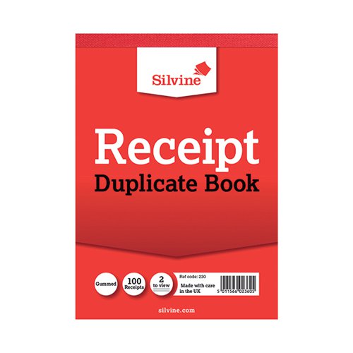 SILVINE DUPLICATE RECEIPT BOOK 105X148MM GUMMED (12 PACK) 23