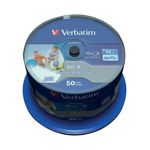 VERBATIM BD-R PRINTABLE SPINDLE 6X 25GB (PACK OF 50) 43812