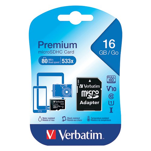 VERBATIM MICROSDHC MEMORY CARD CLASS 10 16GB WITH ADAPTOR 44